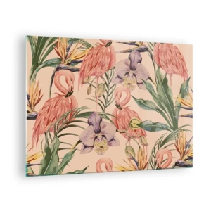 Obraz na skle - Plameňáci obklopení tropickými květinami a rostlinami - 70x50cm - Růžový balet v květech - Moderní nástěnná dekorace do obývacího pokoje a ložnice ARTTOR