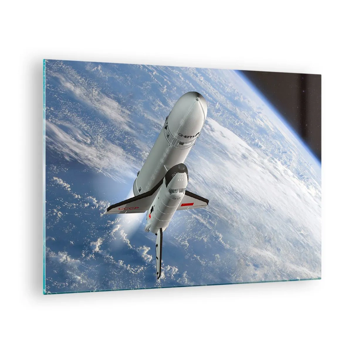 Obraz na skle - Raketoplán startující z vesmíru se Zemí v pozadí. - 70x50cm - Vesmírné nanebevstoupení - Moderní nástěnná dekorace do obývacího pokoje a ložnice ARTTOR