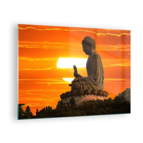 Obraz na skle - Socha Buddhy na pozadí zapadajícího slunce - 70x50cm - Bez strachu ze světa - Moderní nástěnná dekorace do obývacího pokoje a ložnice ARTTOR