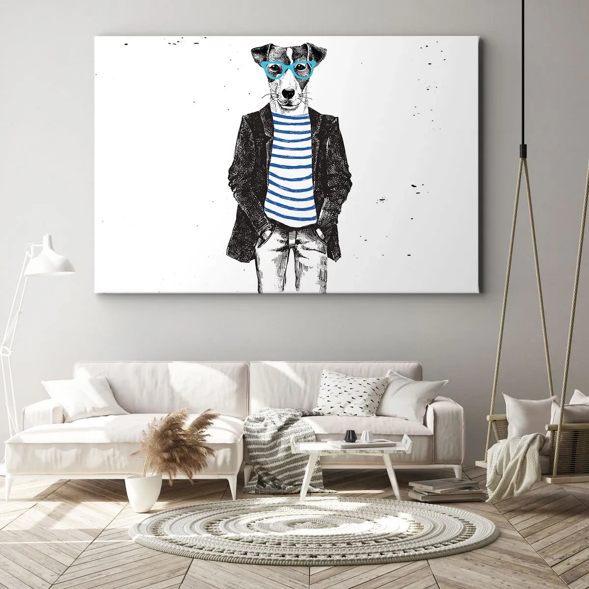 Obraz na plátně - Portrét psa s brýlemi a námořnickou košilí v humorném stylu - 70x50cm - Maxipes - Moderní nástěnná dekorace do obývacího pokoje a ložnice ARTTOR
