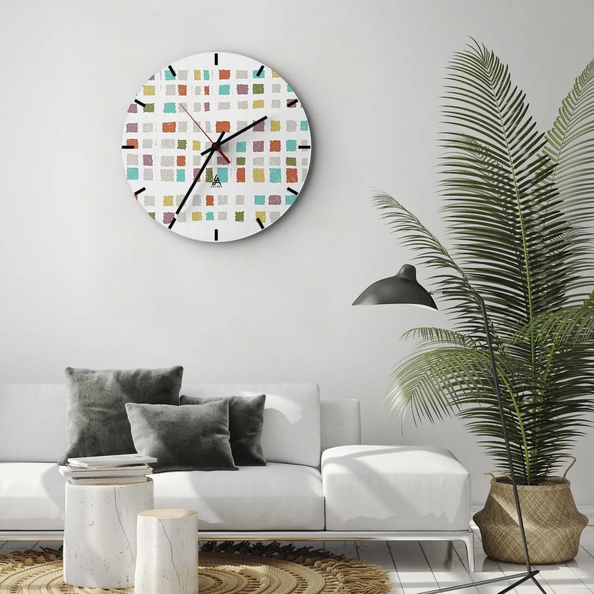 Nástěnné hodiny - Barevné čtverce na bílém pozadí v abstraktním stylu - 30x30cm - Neznámá hra - Moderní nástěnná dekorace do obývacího pokoje, kuchyně a ložnice ARTTOR