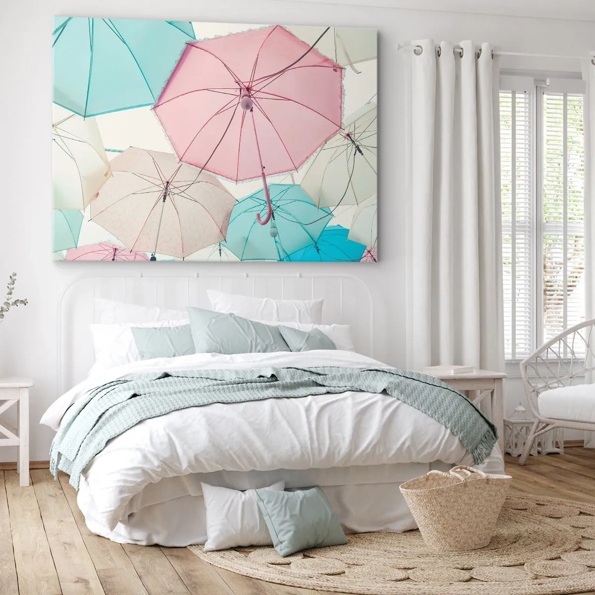 Obraz na plátně - Pastelové deštníky proti jasné obloze - 70x50cm - Občas slunce, občas déšť - Moderní nástěnná dekorace do obývacího pokoje a ložnice ARTTOR