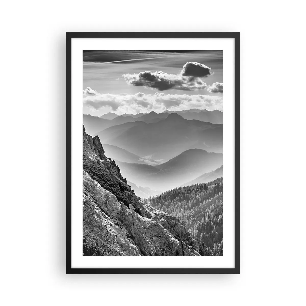 Plakát v černém rámu - Horská krajina s mraky na obzoru - 50x70cm - Až k obzoru - Moderní nástěnná dekorace do obývacího pokoje a ložnice ARTTOR