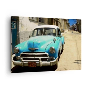 Obraz na plátně - Modré klasické auto na ulici za slunečného dne - 70x50cm - Evviva Cuba! - Moderní nástěnná dekorace do obývacího pokoje a ložnice ARTTOR