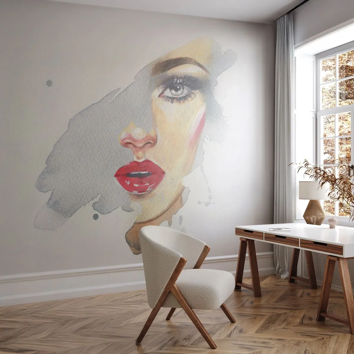 Fototapeta Samolepicí Deluxe Sticker - Odraz v kapce vody - ženská tvář, Žena, červené rty - 250x175 cm