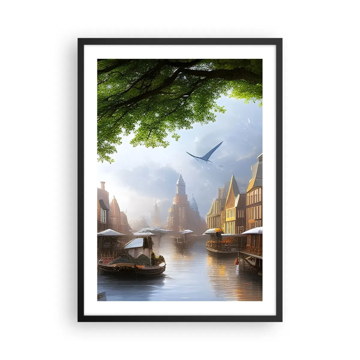 Plakát v černém rámu - Malebný výhled na kanál s historickou architekturou - 50x70cm - Nizozemská městská krajinka - Moderní nástěnná dekorace do obývacího pokoje a ložnice ARTTOR