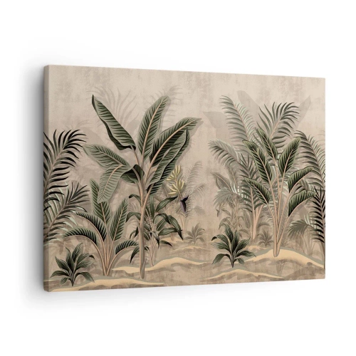Obraz na plátně - Palmy a tropická vegetace v odstínech zelené na béžovém pozadí - 70x50cm - Rytina v koloniálním stylu - Moderní nástěnná dekorace do obývacího pokoje a ložnice ARTTOR