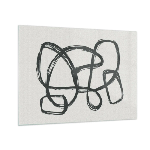 Obraz na skle - Černé smyčky a čáry tvoří abstraktní kompozici na bílém pozadí. - 70x50cm - Abstrakce ve smyčce - Moderní nástěnná dekorace do obývacího pokoje a ložnice ARTTOR