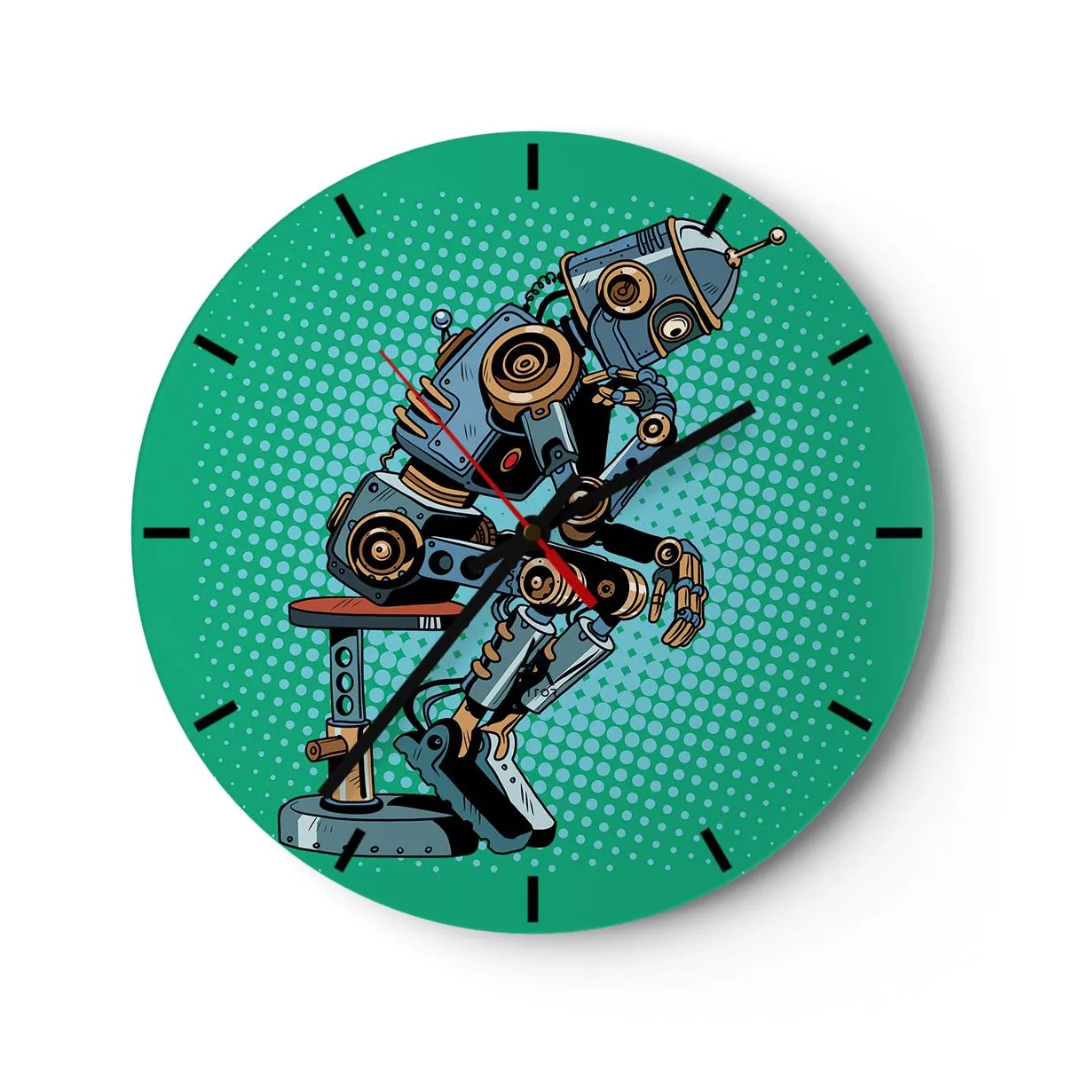 Nástěnné hodiny - Robot v póze myslitele na zeleném pozadí - 30x30cm - Nad podstatou bytí - Moderní nástěnná dekorace do obývacího pokoje, kuchyně a ložnice ARTTOR
