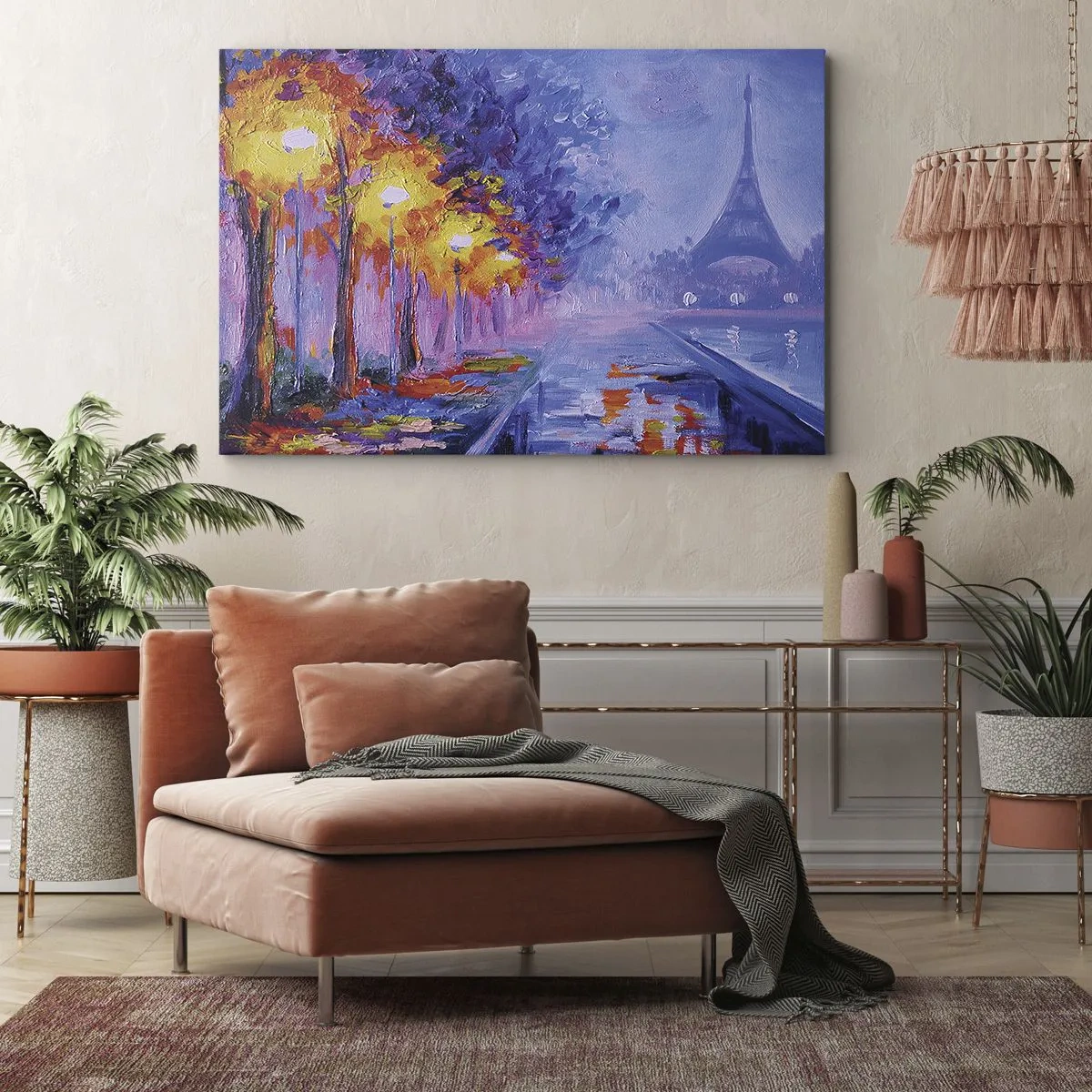 Obraz na plátně - Pařížská třída s lampami a Eiffelova věž v pozadí - 70x50cm - Procházka snů - Moderní nástěnná dekorace do obývacího pokoje a ložnice ARTTOR