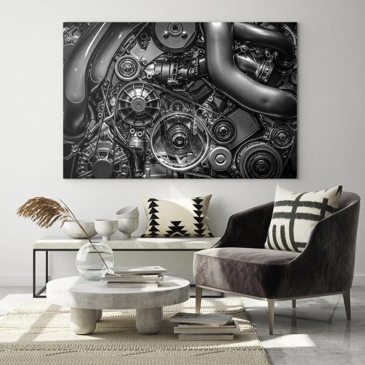 Obraz na skle - Detail černobílého motoru s viditelnými mechanismy - 70x50cm - Poezie mechaniky - Moderní nástěnná dekorace do obývacího pokoje a ložnice ARTTOR