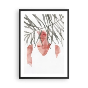 Plakát v černém rámu - Akvarelová silueta ženy skrytá za listy - 50x70cm - Dáma tropů - Moderní nástěnná dekorace do obývacího pokoje a ložnice ARTTOR