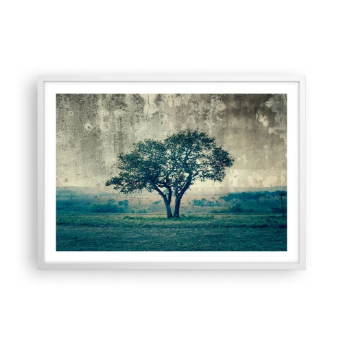 Plakát v bílém rámu - Jabloň na modrém poli? - 70x50 cm