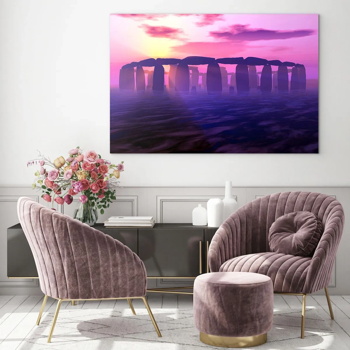 Obraz na skle - Stonehenge ve světle růžového západu slunce - 70x50cm - Tajemství za svítání v mlze - Moderní nástěnná dekorace do obývacího pokoje a ložnice ARTTOR