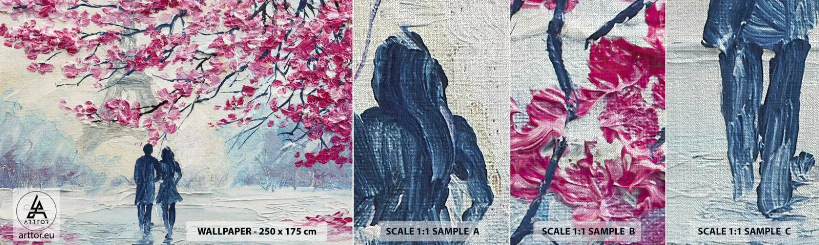 Vzor Fototapety Premium Canvas - Romantická procházka - Paříž, Eiffelova věž, Zamilovaný pár - 100x30 cm