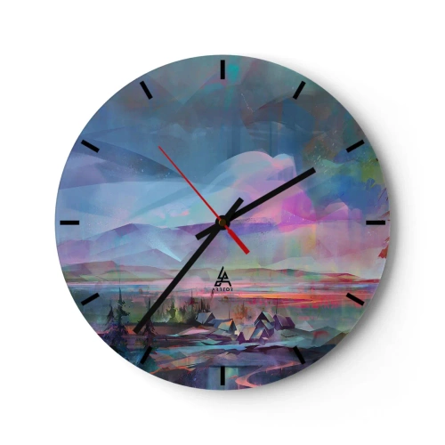 Nástěnné hodiny - Barevné panorama hor a vesnice v abstraktním stylu - 30x30cm - Pod přátelským nebem - Moderní nástěnná dekorace do obývacího pokoje, kuchyně a ložnice ARTTOR