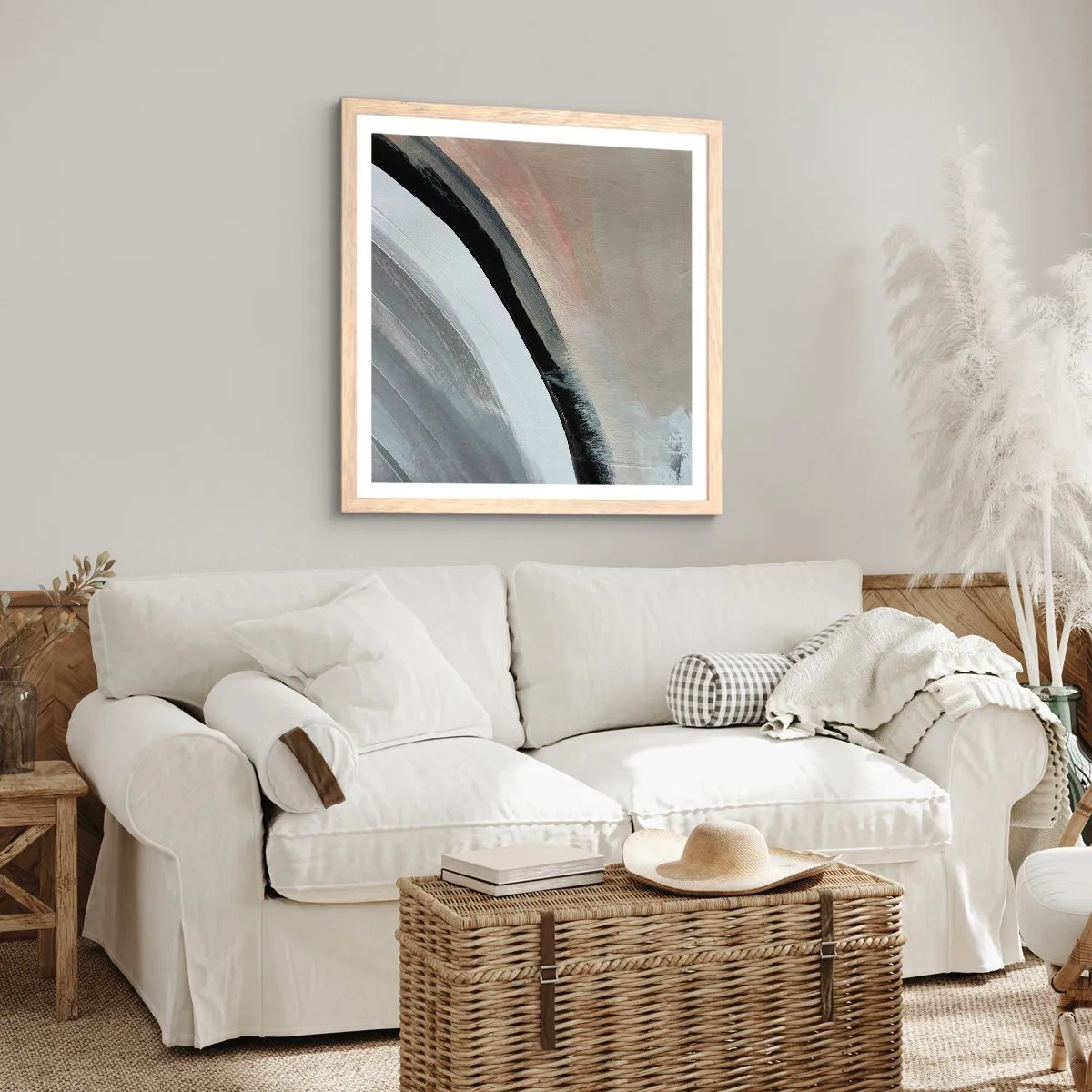 Plakát v rámu světlý dub - Kompozice: černý a šedý oblouk - 50x50 cm