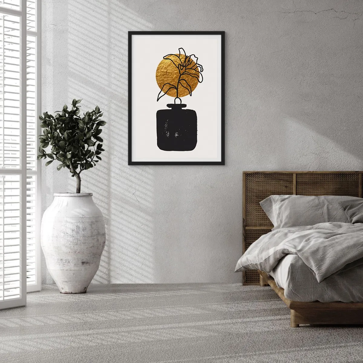 Plakát v černém rámu - Abstraktní kompozice s květinou a zlatým kruhem - 50x70cm - Krása, která má cenu zlata - Moderní nástěnná dekorace do obývacího pokoje a ložnice ARTTOR