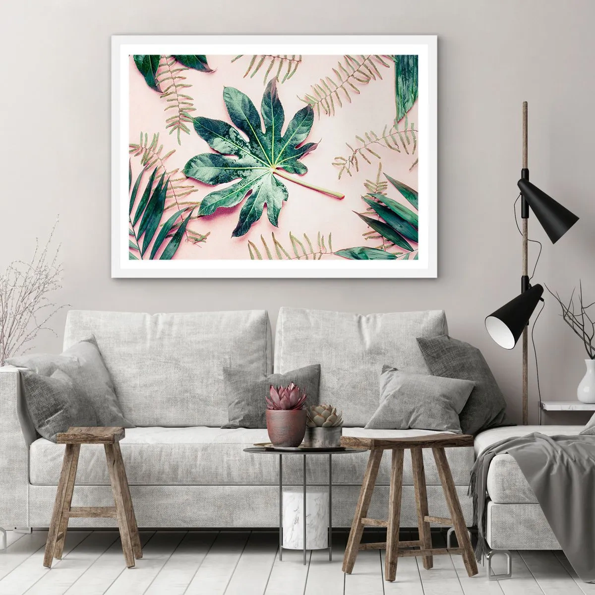 Plakát v bílém rámu - Studie zelené na růžovém pozadí - 100x70 cm