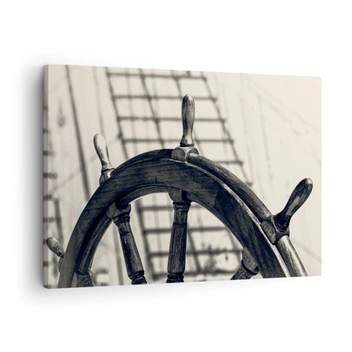 Obraz na plátně - Retro styl plachetnice kormidlo s lodí v pozadí - 70x50cm - Mořské příběhy - Moderní nástěnná dekorace do obývacího pokoje a ložnice ARTTOR
