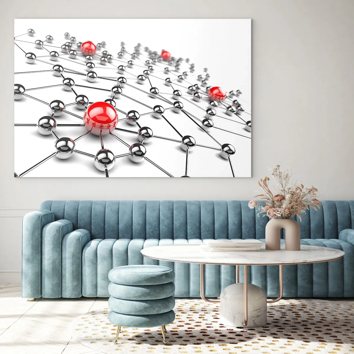 Obraz na skle - Stříbrná molekulární síť s červenými akcenty - 70x50cm - Stříbrná síť - Moderní nástěnná dekorace do obývacího pokoje a ložnice ARTTOR
