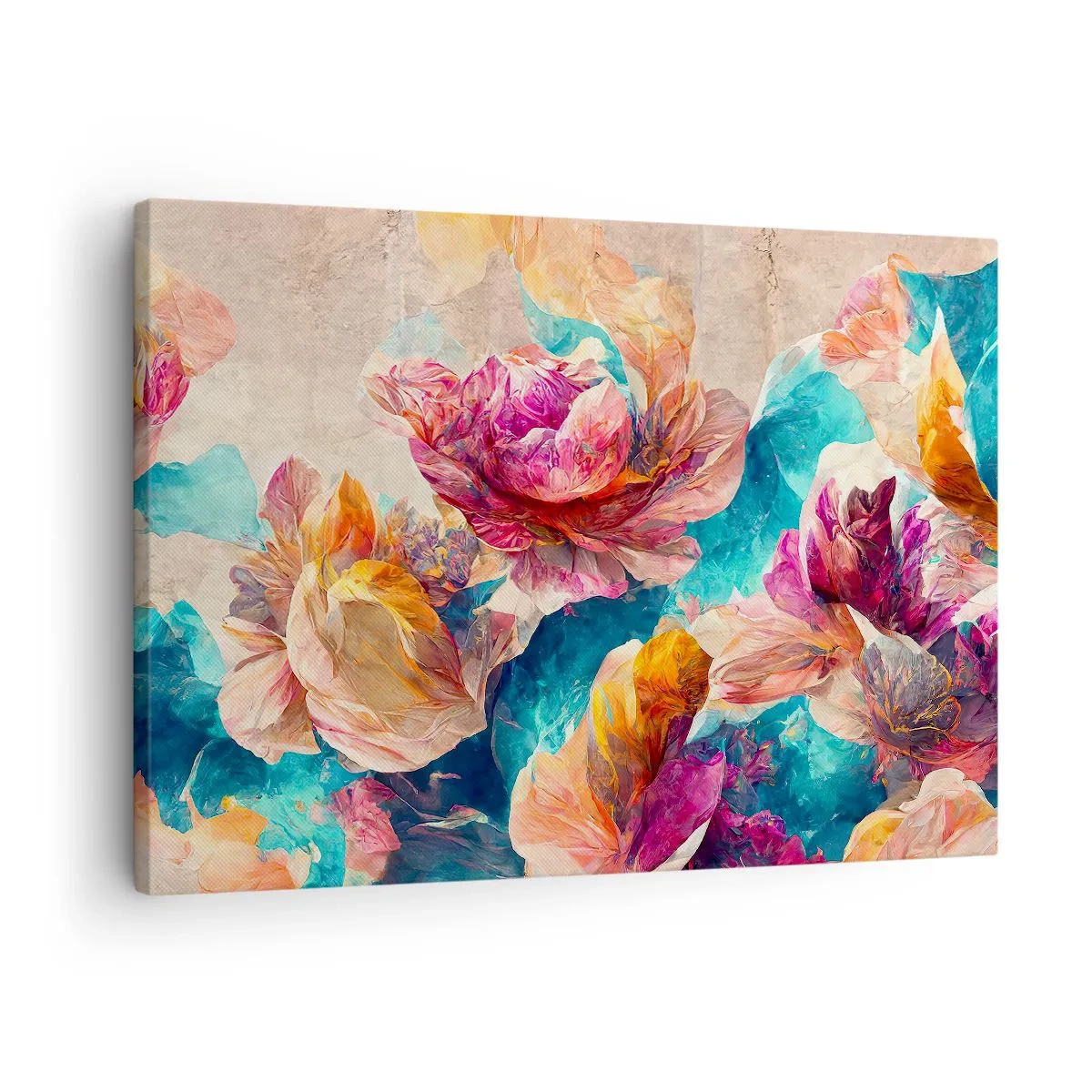Obraz na plátně - Barevné květiny na béžovém pozadí - 70x50cm - Barevné bohatství kytice - Moderní nástěnná dekorace do obývacího pokoje a ložnice ARTTOR