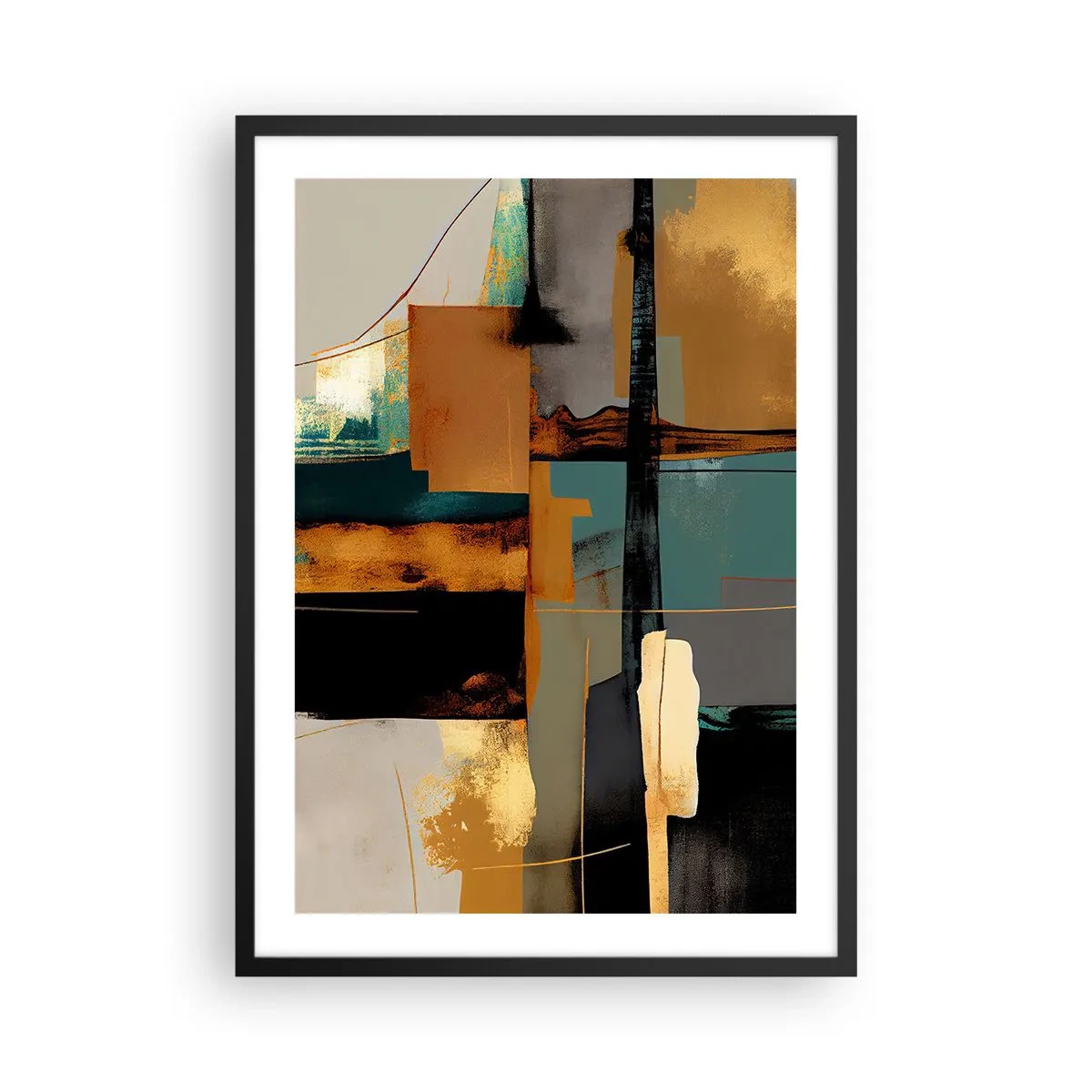 Plakát v černém rámu - Abstraktní kompozice v odstínech zlaté a tyrkysové - 50x70cm - Abstrakce – světlo a stín - Moderní nástěnná dekorace do obývacího pokoje a ložnice ARTTOR