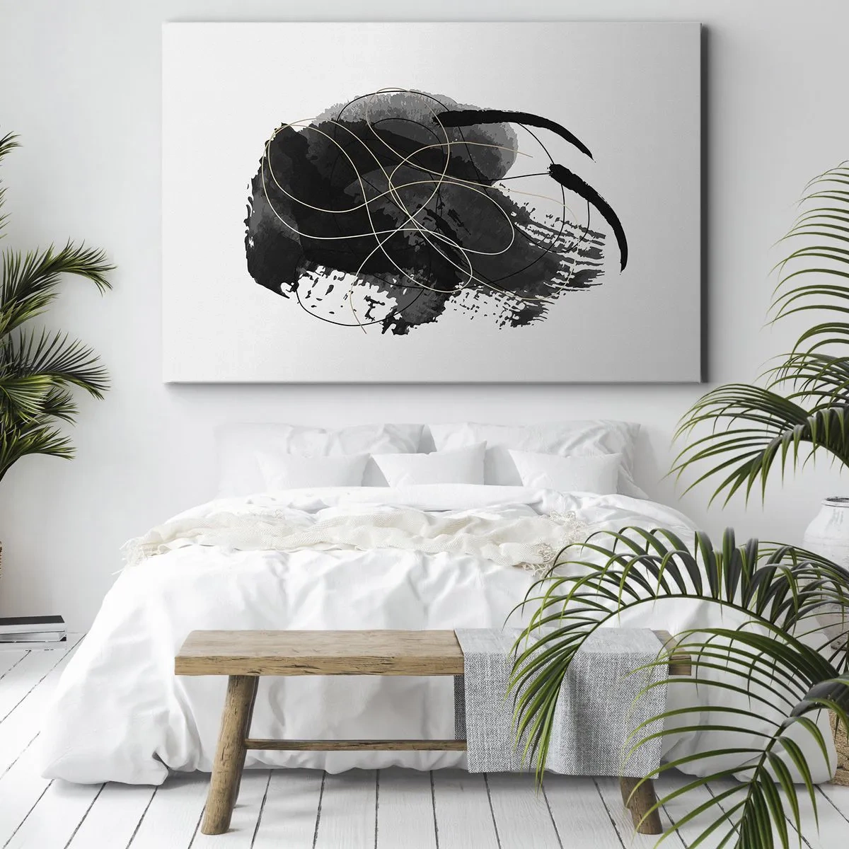 Obraz na plátně - Abstrakce v černé a zlaté barvě na bílém pozadí - 70x50cm - Upletené z černé - Moderní nástěnná dekorace do obývacího pokoje a ložnice ARTTOR