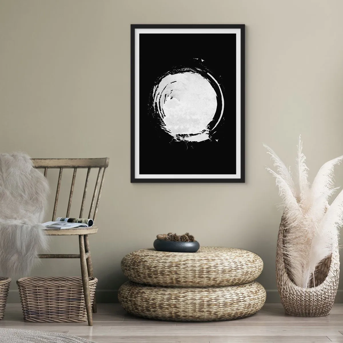 Plakát v černém rámu - Bílý abstraktní kruhový tvar na černém pozadí - 50x70cm - Správné řešení - Moderní nástěnná dekorace do obývacího pokoje a ložnice ARTTOR