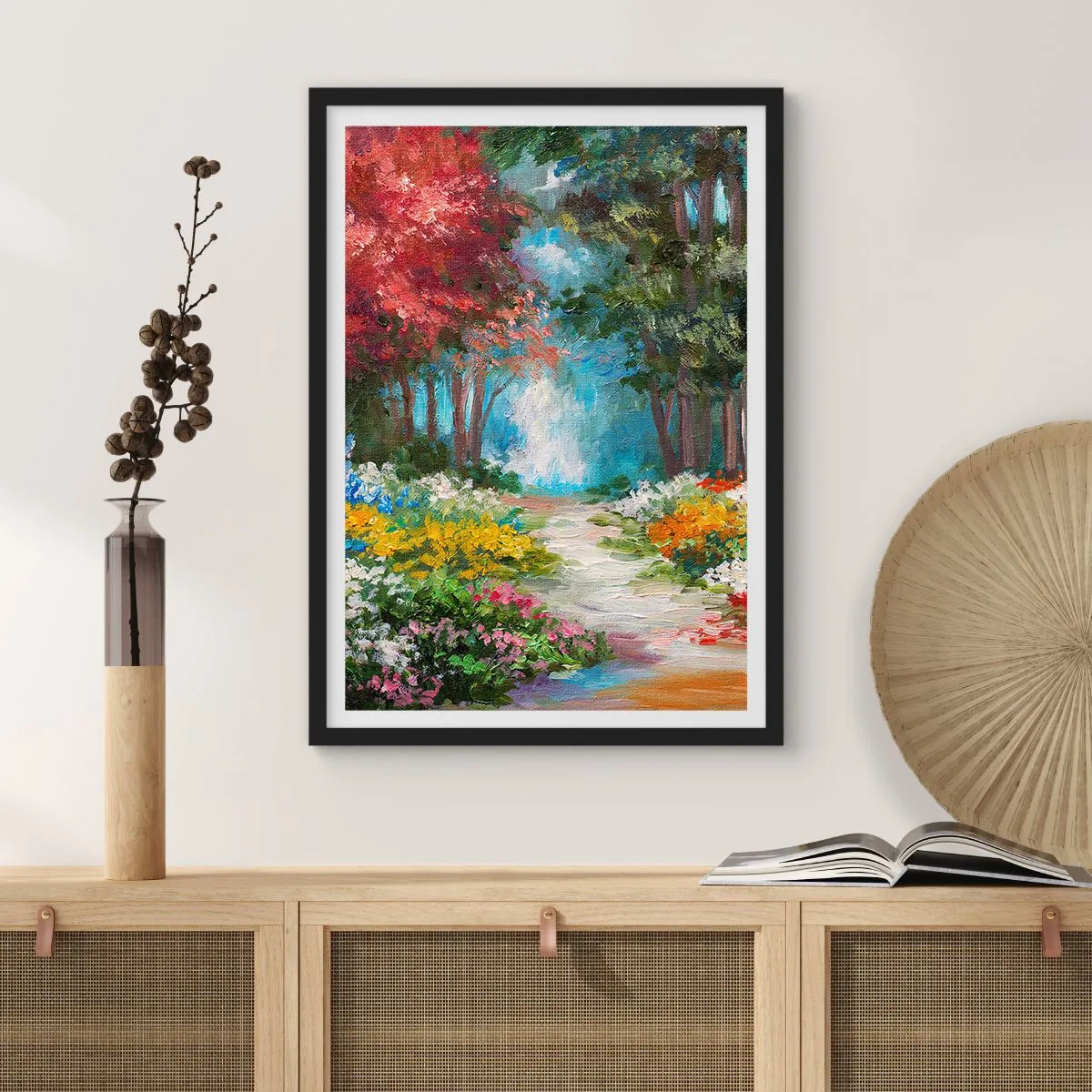 Plakát v černém rámu - Barevná lesní zahrada plná květin a stromů - 50x70cm - Lesní zahrada, květinový les - Moderní nástěnná dekorace do obývacího pokoje a ložnice ARTTOR