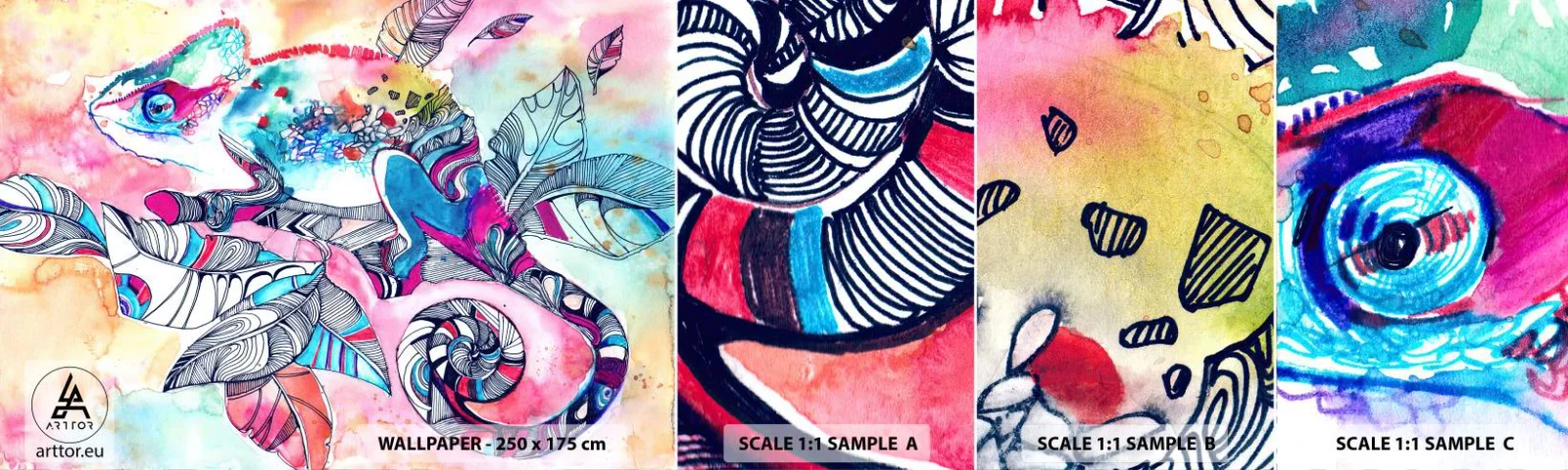 Vzor Fototapety Samolepicí Deluxe Sticker - Barevný jako náš svět - Chameleón, Abstrakce, Příroda - 100x30 cm