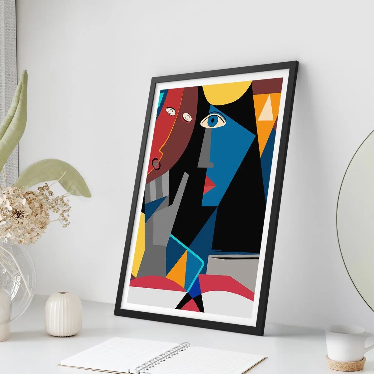 Plakát v černém rámu - Kubistická abstrakce obličeje v živých barvách - 50x70cm - Konverzace kubistů - Moderní nástěnná dekorace do obývacího pokoje a ložnice ARTTOR