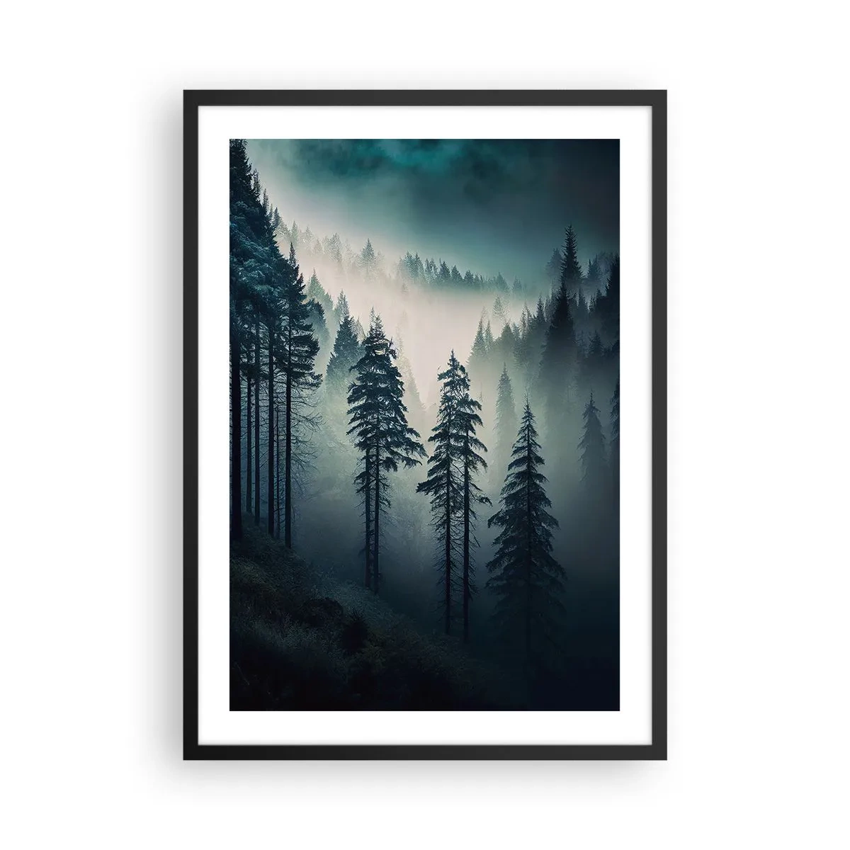 Plakát v černém rámu - Temný les zahalený v mlze - 50x70cm - Horské ráno - Moderní nástěnná dekorace do obývacího pokoje a ložnice ARTTOR