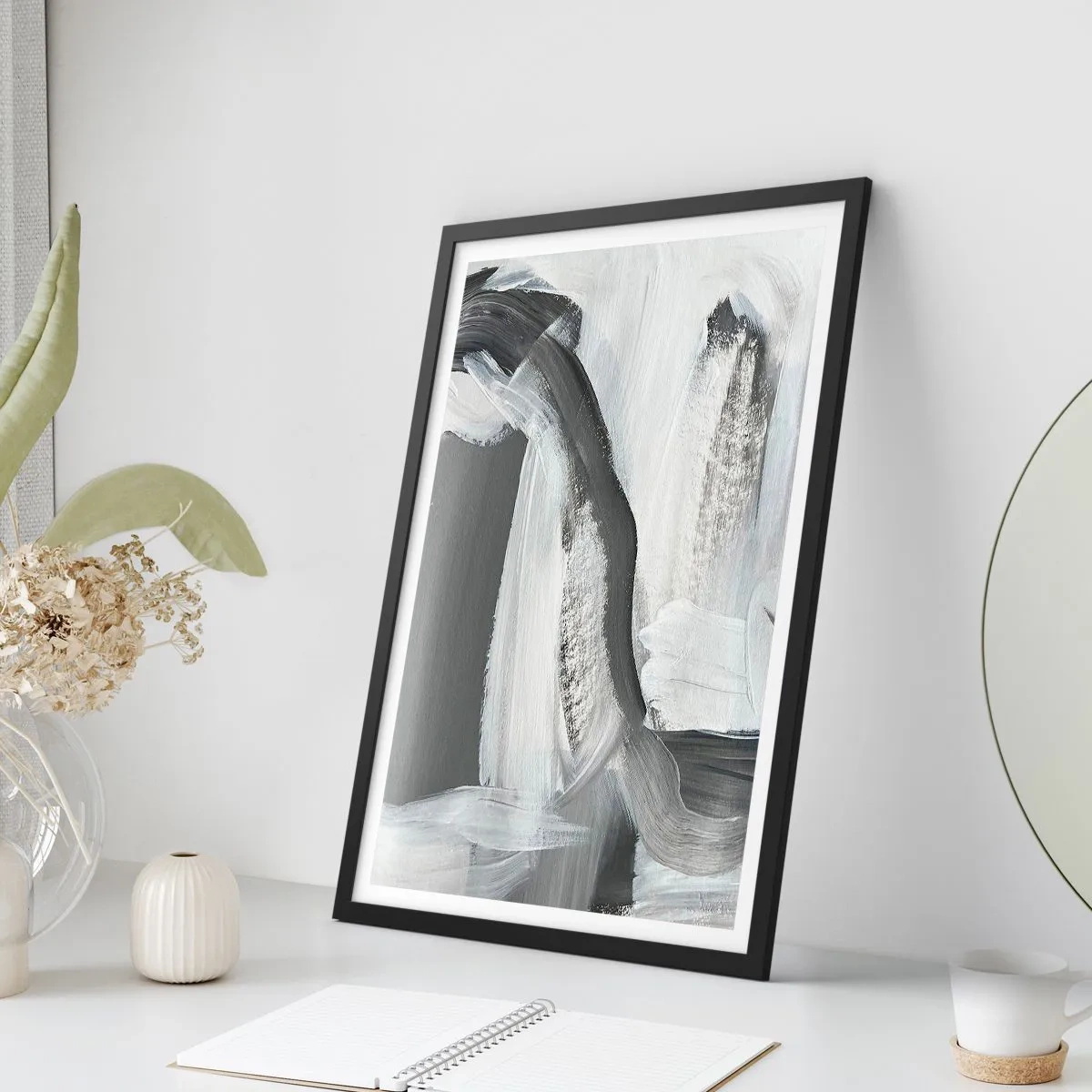 Plakát v černém rámu - Abstraktní kompozice černé, bílé a šedé - 50x70cm - Pevným pohybem - Moderní nástěnná dekorace do obývacího pokoje a ložnice ARTTOR