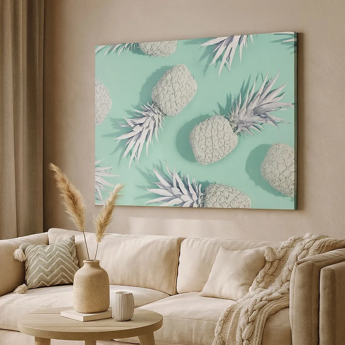 Obraz na plátně - Bílé ananasy na pastelovém pozadí v minimalistickém stylu - 70x50cm - skvěle ladí s mátou - Moderní nástěnná dekorace do obývacího pokoje a ložnice ARTTOR