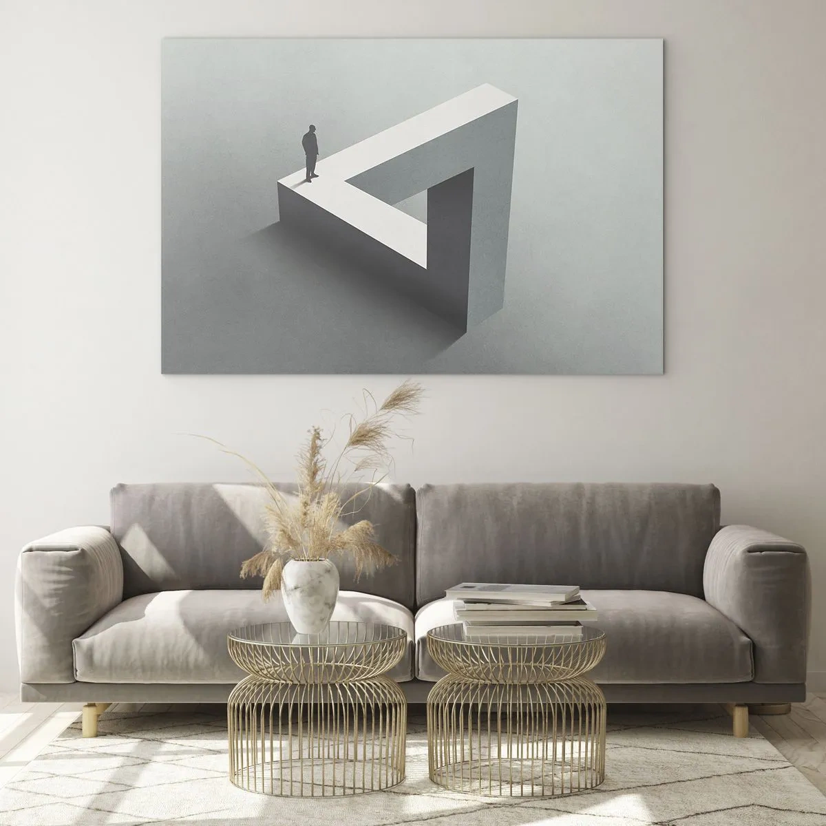 Obraz na skle - Postava na geometrické struktuře ve stylu optické iluze - 70x50cm - A přece je to možné - Moderní nástěnná dekorace do obývacího pokoje a ložnice ARTTOR