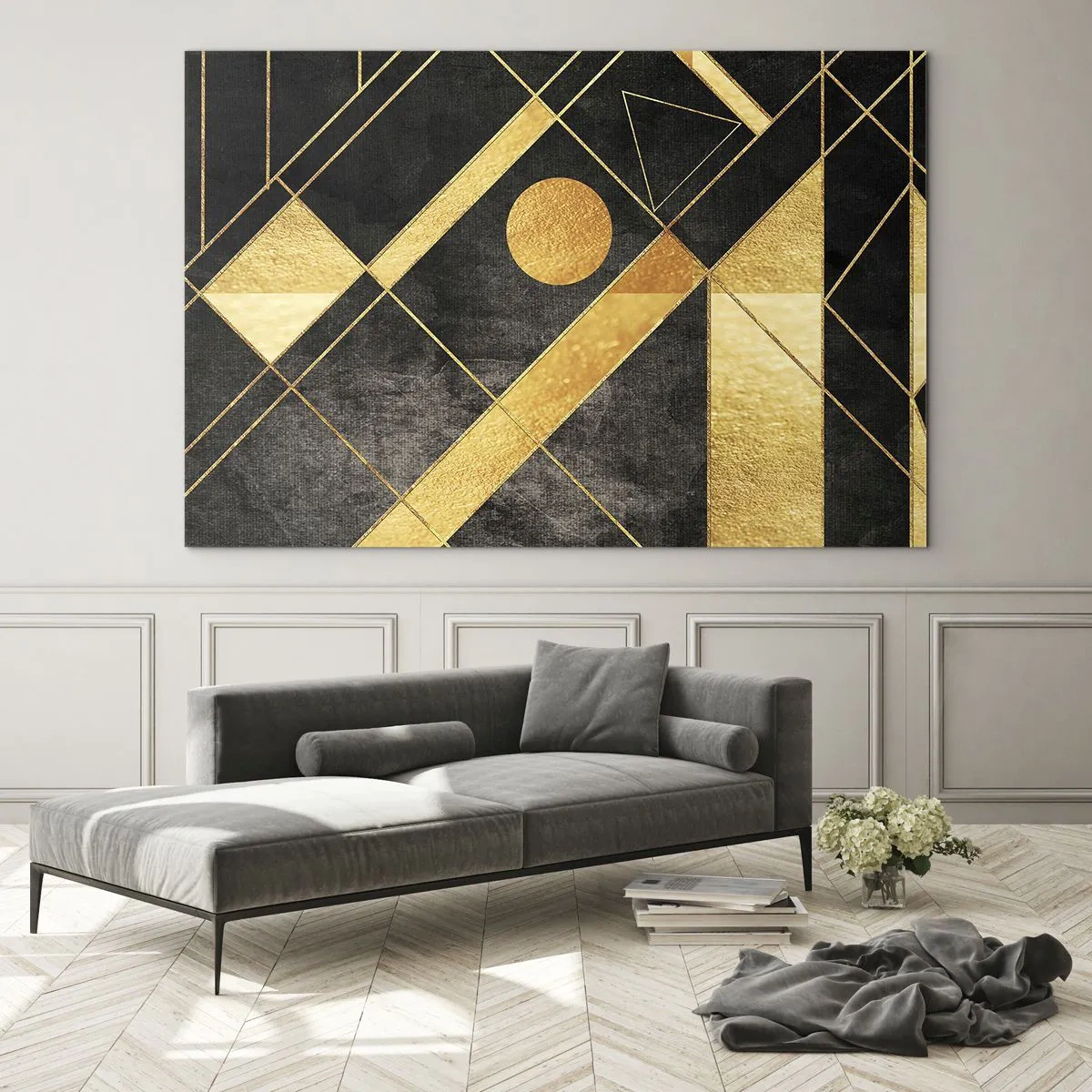 Obraz na skle - Zlaté geometrické vzory na černém pozadí - 70x50cm - Slunce pouště - Moderní nástěnná dekorace do obývacího pokoje a ložnice ARTTOR