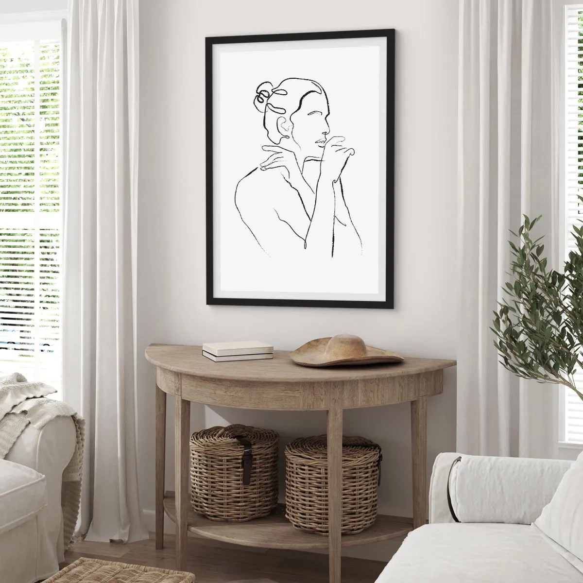 Plakát v černém rámu - Minimalistická linie ženské siluety na bílém pozadí - 50x70cm - Akt: smyslné tajemství - Moderní nástěnná dekorace do obývacího pokoje a ložnice ARTTOR
