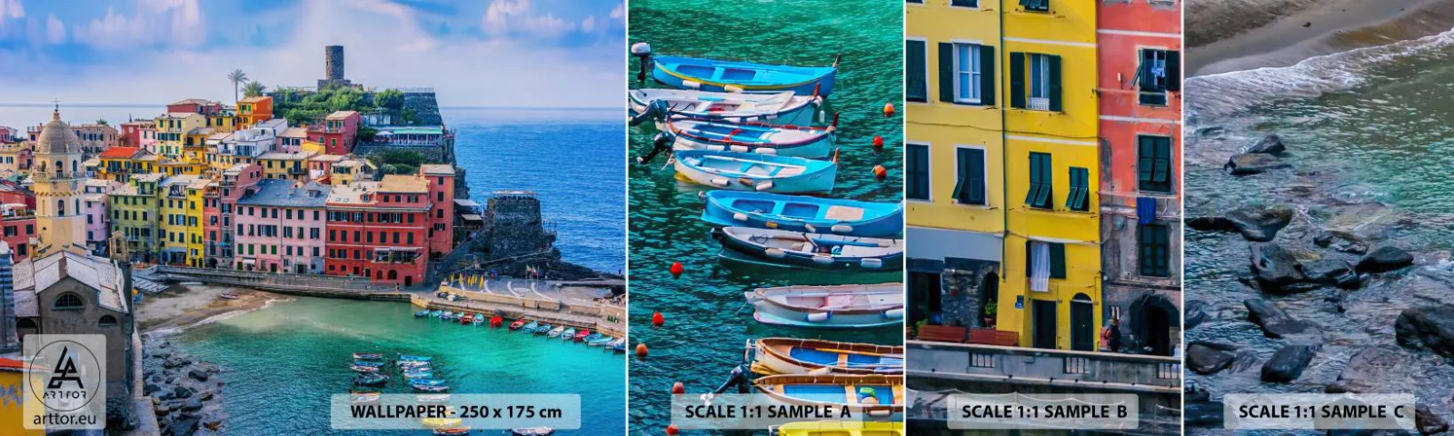 Vzor Fototapety Samolepicí Deluxe Sticker - Středomořské kouzelné městečko - Ligurie, Město, Itálie - 100x30 cm