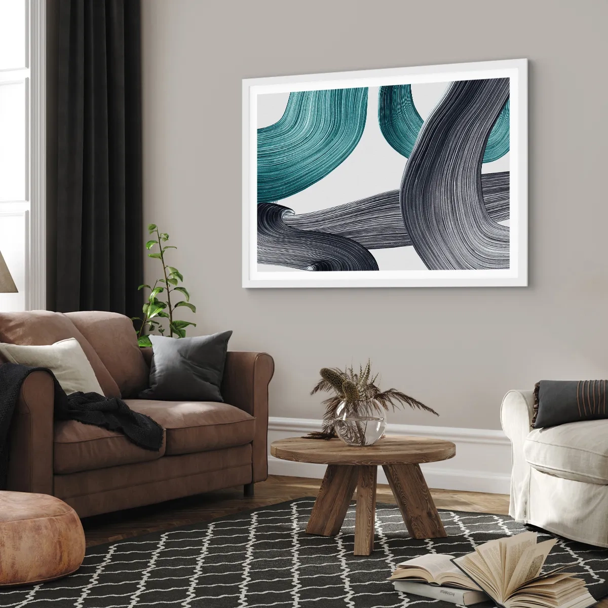 Plakát v bílém rámu - Smaragdové a černé vlny - 91x61 cm