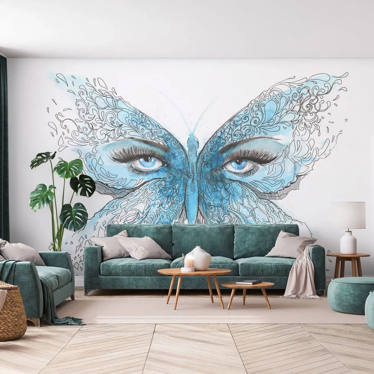 Fototapeta Samolepicí Deluxe Sticker - Sýkora modřinka eros - Abstrakce, Motýl, Ženské oči - 250x175 cm