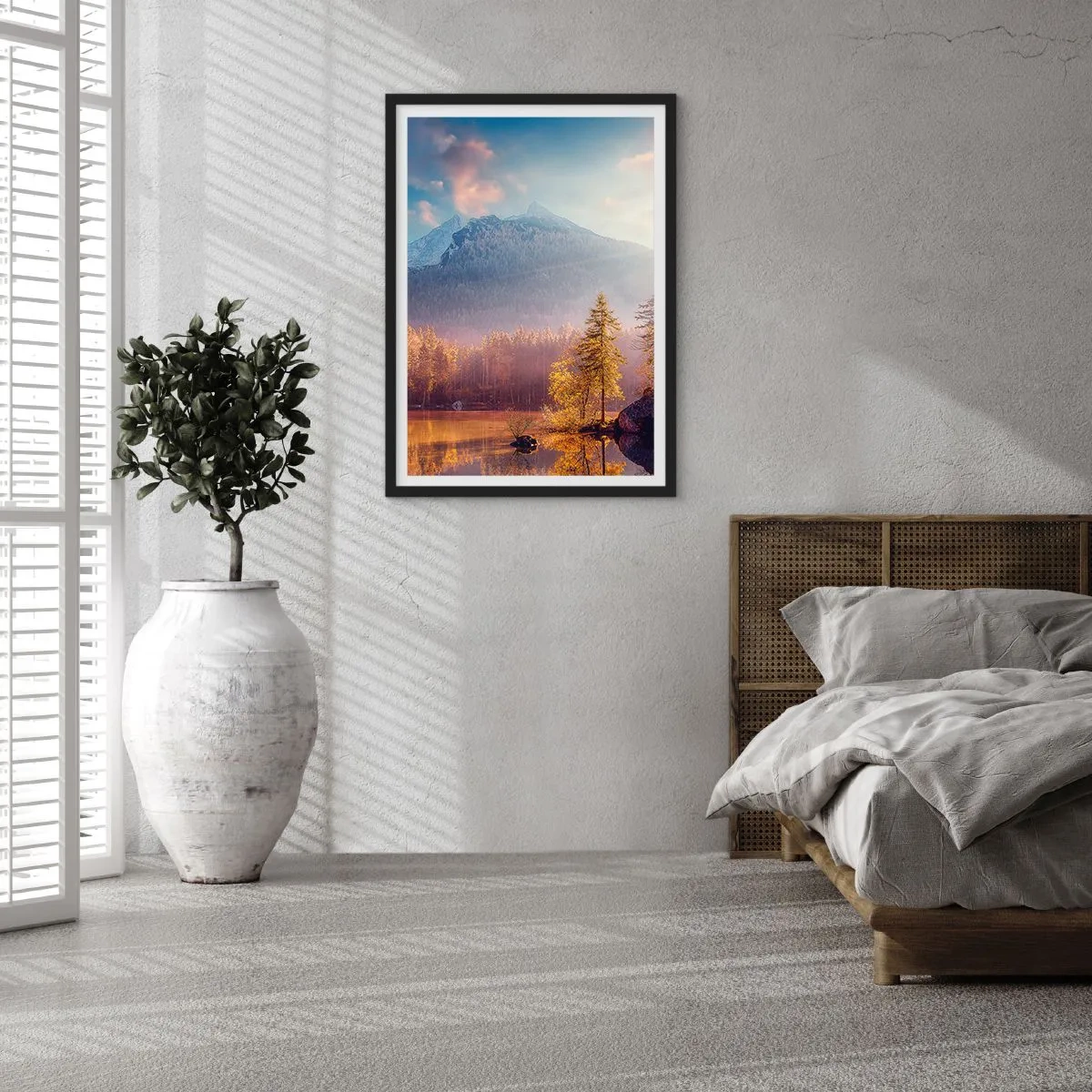 Plakát v černém rámu - Podzimní horská krajina s odrazem v jezeře - 50x70cm - V horách a údolích - Moderní nástěnná dekorace do obývacího pokoje a ložnice ARTTOR