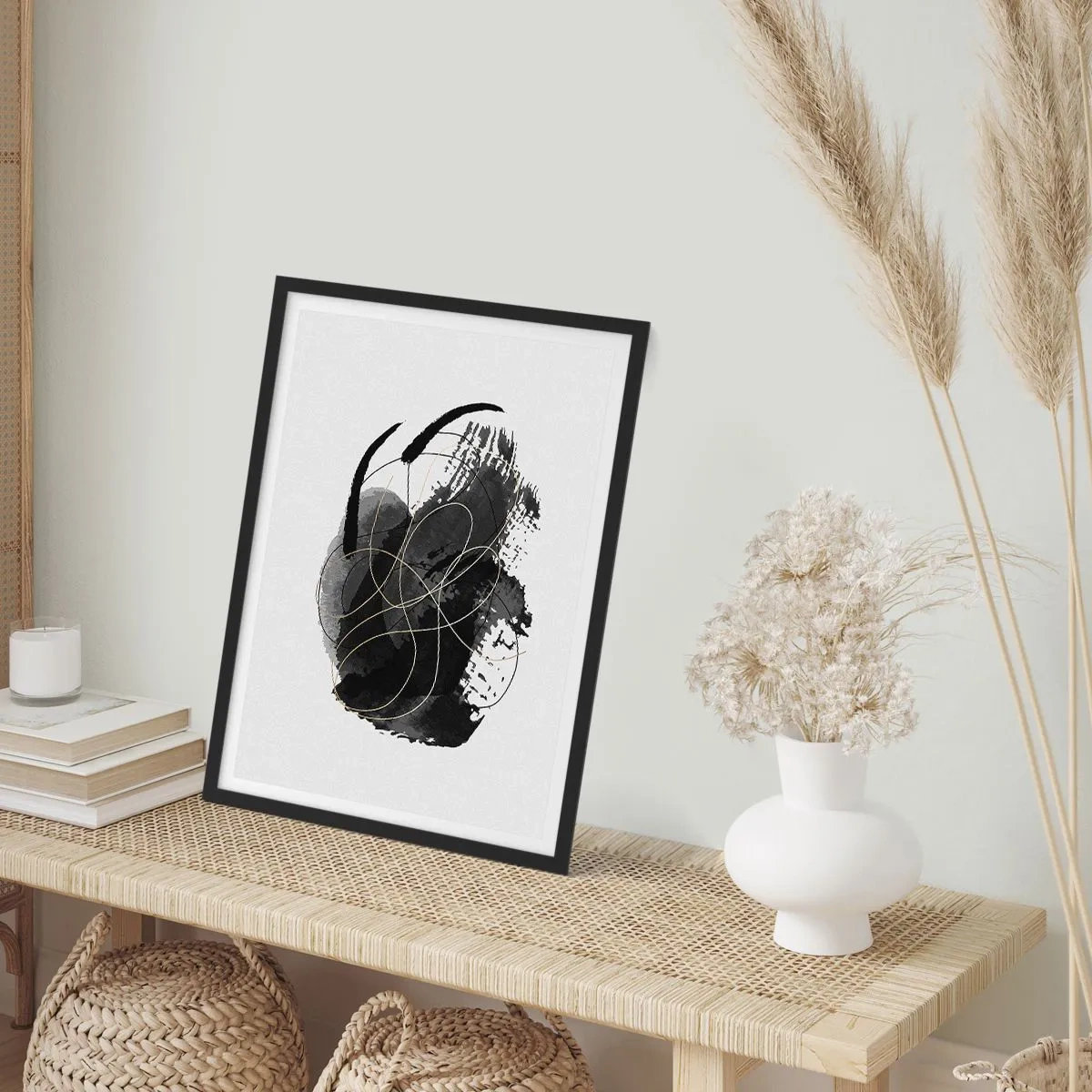 Plakát v černém rámu - Abstraktní kompozice v černé barvě s jemnými zlatými liniemi. - 50x70cm - Upletené z černé - Moderní nástěnná dekorace do obývacího pokoje a ložnice ARTTOR