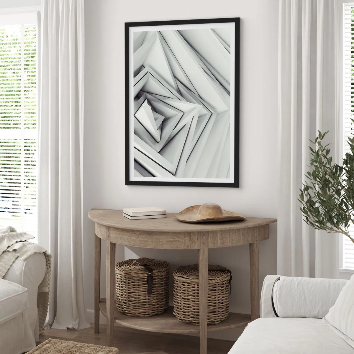 Plakát v černém rámu - Abstraktní kompozice geometrických trojúhelníků ve 3D - 50x70cm - Symfonie ostrých úhlů - Moderní nástěnná dekorace do obývacího pokoje a ložnice ARTTOR