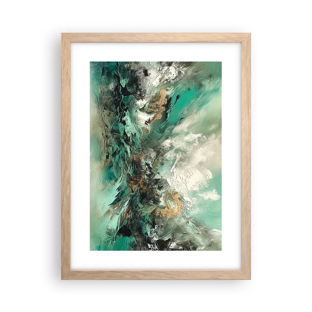 Plakát v rámu světlý dub - Smaragdově černé vlnobití - 30x40 cm