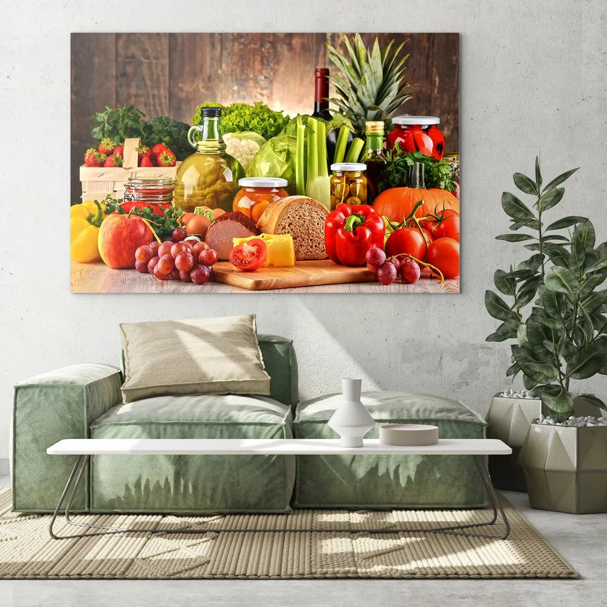 Obraz na skle - Barevná zelenina, ovoce, chléb a zavařeniny na dřevěném pozadí - 70x50cm - Uzené, pečené, marinované - Moderní nástěnná dekorace do obývacího pokoje a ložnice ARTTOR