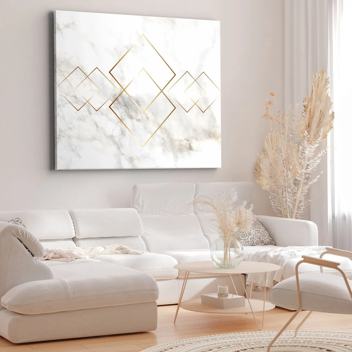 Obraz na plátně - Minimalistické zlaté kosočtverce na mramorovém pozadí - 70x50cm - Pohled na nekonečno - Moderní nástěnná dekorace do obývacího pokoje a ložnice ARTTOR