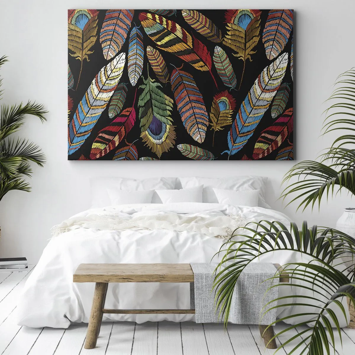 Obraz na plátně - Barevné peří na černém pozadí - 70x50cm - Ptačí karneval - Moderní nástěnná dekorace do obývacího pokoje a ložnice ARTTOR