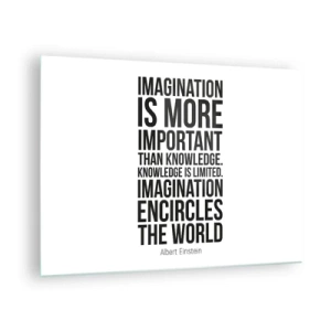 Obraz na skle - Citát o představivosti v minimalistické typografii - 70x50cm - Einstein o síle představivosti - Moderní nástěnná dekorace do obývacího pokoje a ložnice ARTTOR