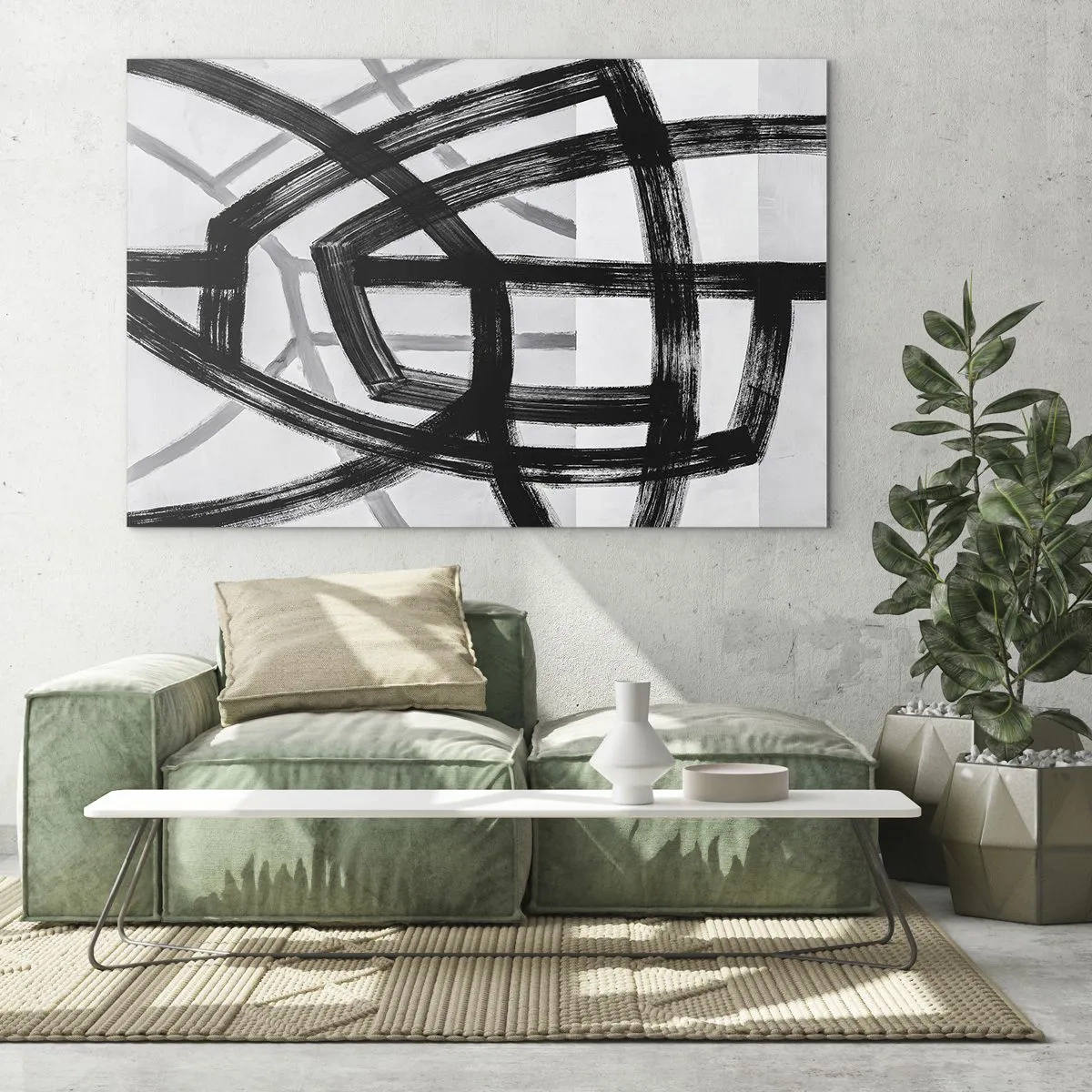 Obraz na skle - Černé a šedé tahy štětcem vytvářejí dynamickou síť čar. - 70x50cm - Hloubka - Moderní nástěnná dekorace do obývacího pokoje a ložnice ARTTOR